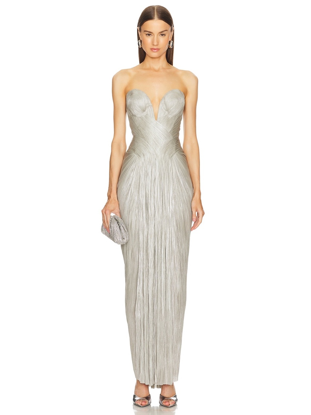 Strapless Metallic Silver Pleated Evening Dress